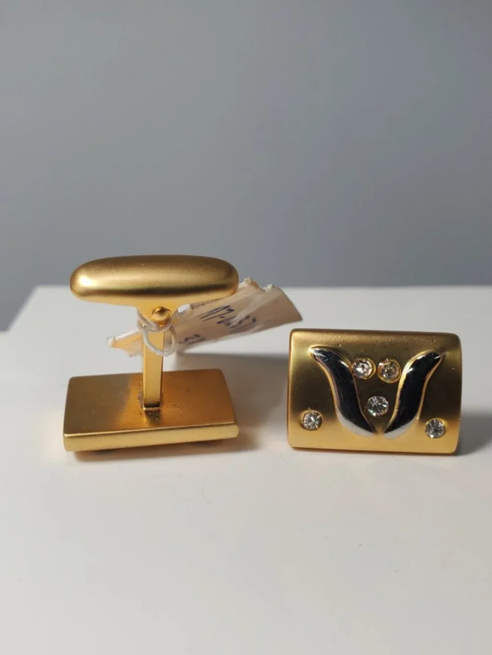 Vintage 14K Gold-Plated Brass with Rhinestones Tie Clip & Cufflinks 3 Pc Set